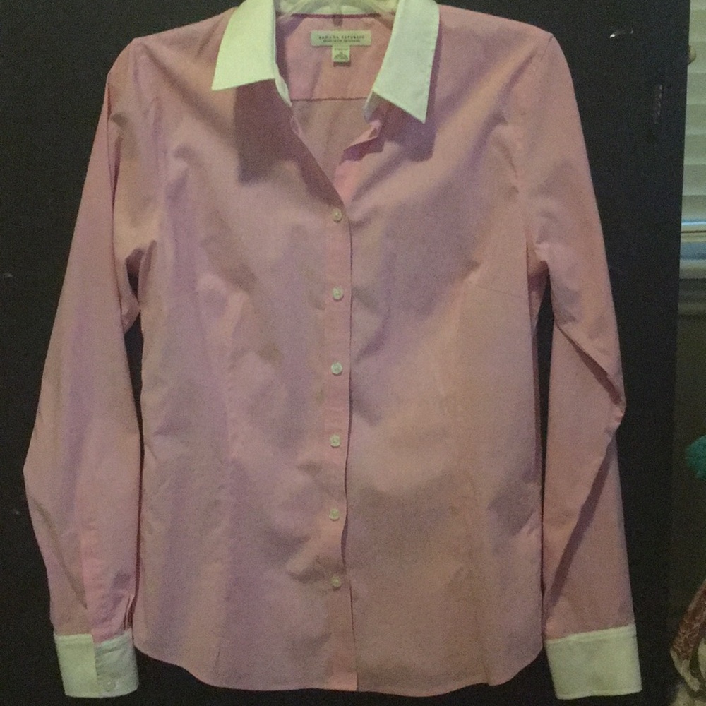 Pink tailored blouse with white collar and cuffs